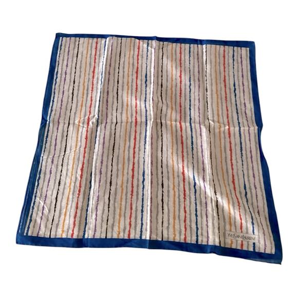 YSL VTG HANDKERCHIEF Blue Multi Color Stripe Cotton Square Scarf - Picture 1 of 3